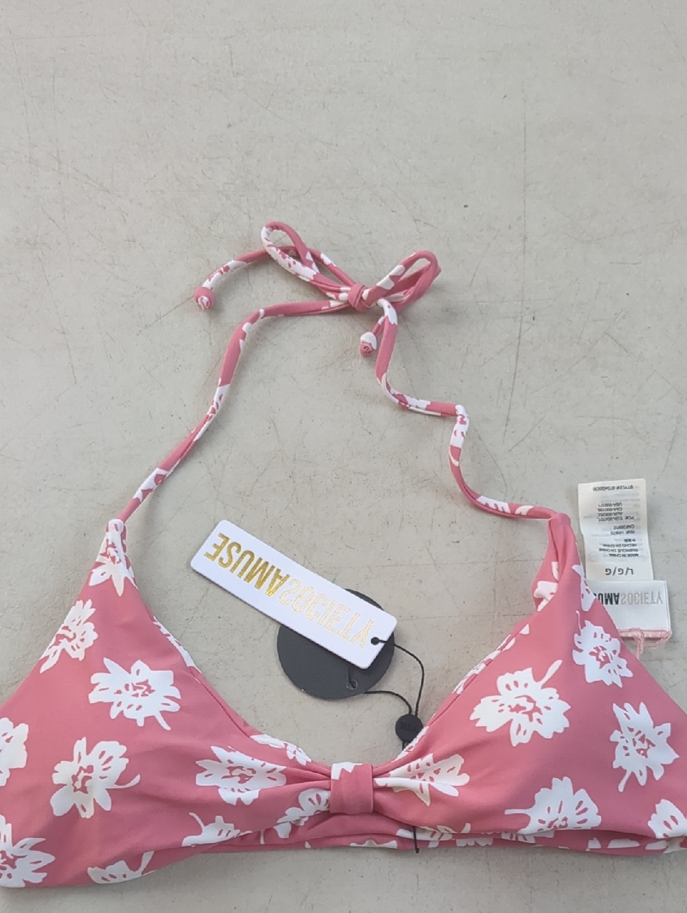 Amuse Society Pink and White Floral Tie-Halter Bikini Top